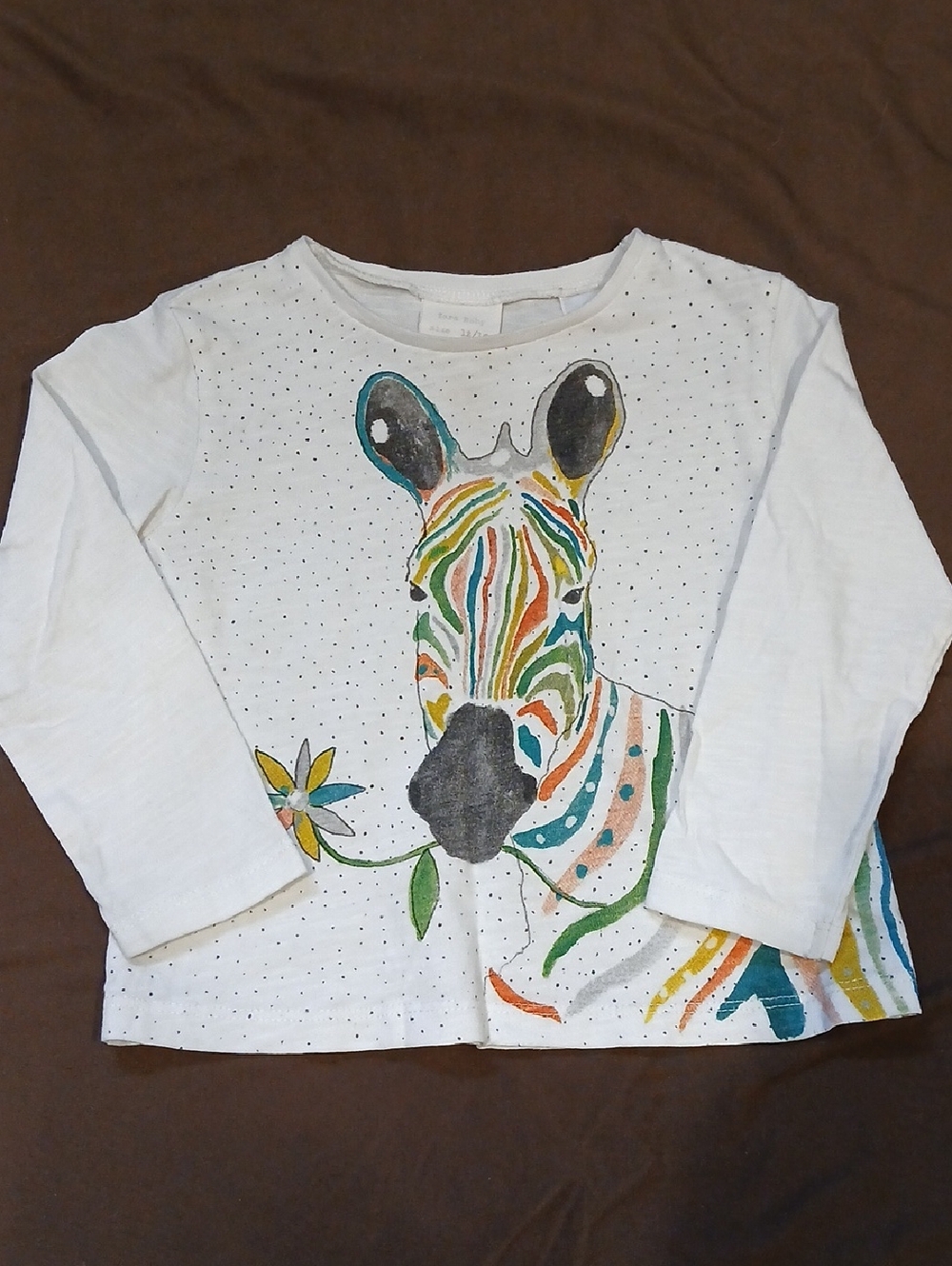 Zara White Long-Sleeve Top with Multicolor Zebra Graphic